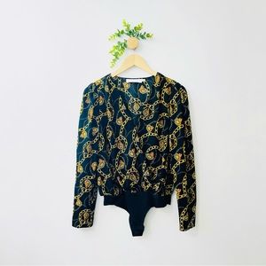 ASTR The Label Black Chain Print Surplice Long Sleeve Bodysuit